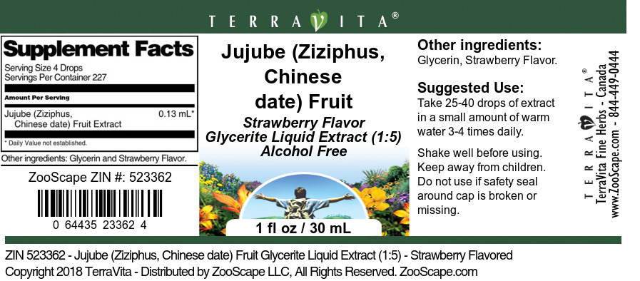 Jujube (Ziziphus, Chinese date) Fruit Glycerite Liquid Extract (1:5) - Label
