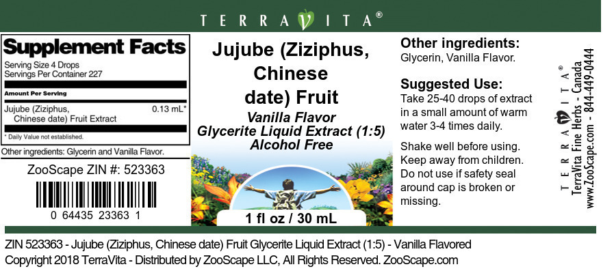 Jujube (Ziziphus, Chinese date) Fruit Glycerite Liquid Extract (1:5) - Label