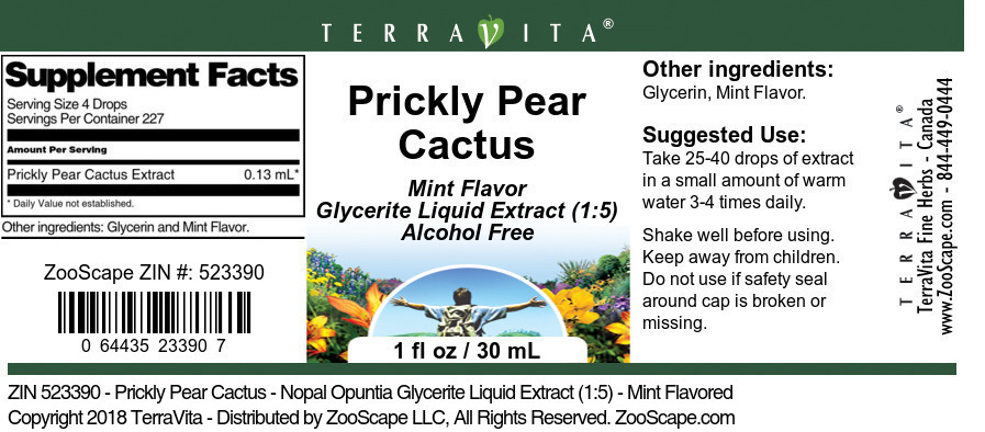 Prickly Pear Cactus - Nopal Opuntia Glycerite Liquid Extract (1:5) - Label