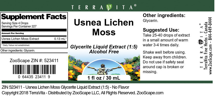 Usnea Lichen Moss Glycerite Liquid Extract (1:5) - Label