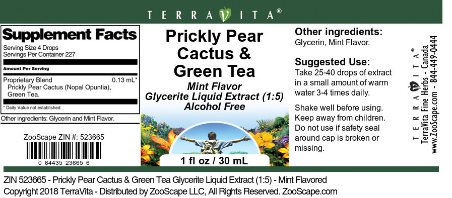 Prickly Pear Cactus & Green Tea Glycerite Liquid Extract (1:5) - Label