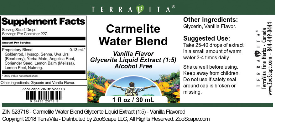 Carmelite Water Blend Glycerite Liquid Extract (1:5) - Label