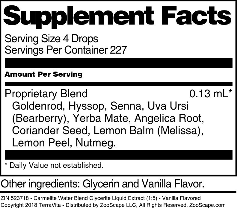 Carmelite Water Blend Glycerite Liquid Extract (1:5) - Supplement / Nutrition Facts