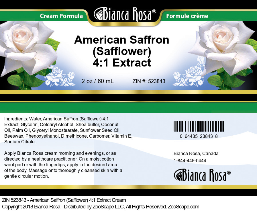 American Saffron (Safflower) 4:1 Extract Cream - Label