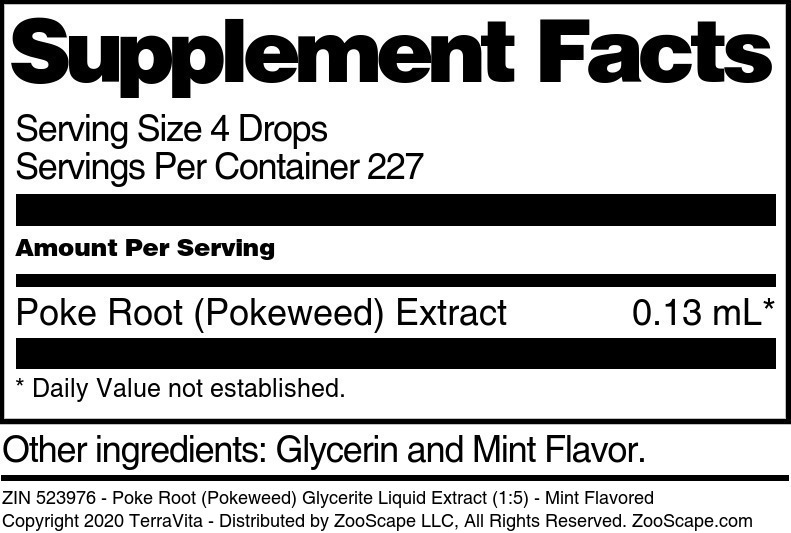 Poke Root (Pokeweed) Glycerite Liquid Extract (1:5) - Supplement / Nutrition Facts