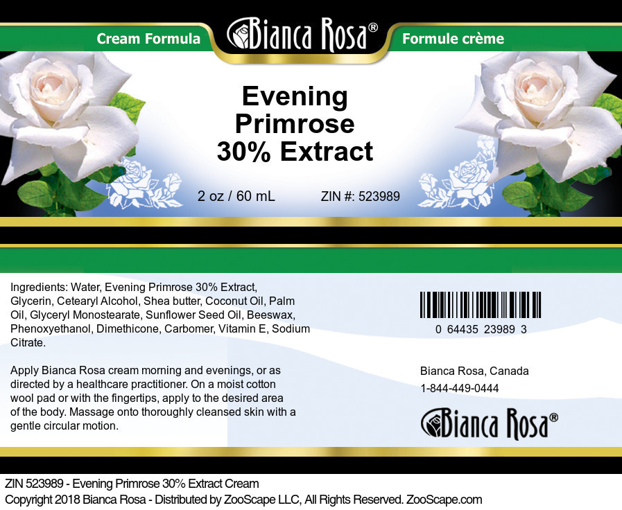Evening Primrose 30% Extract Cream - Label