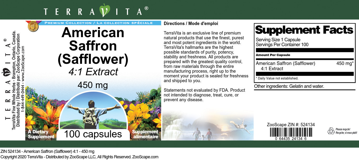 American Saffron (Safflower) 4:1 - 450 mg - Label