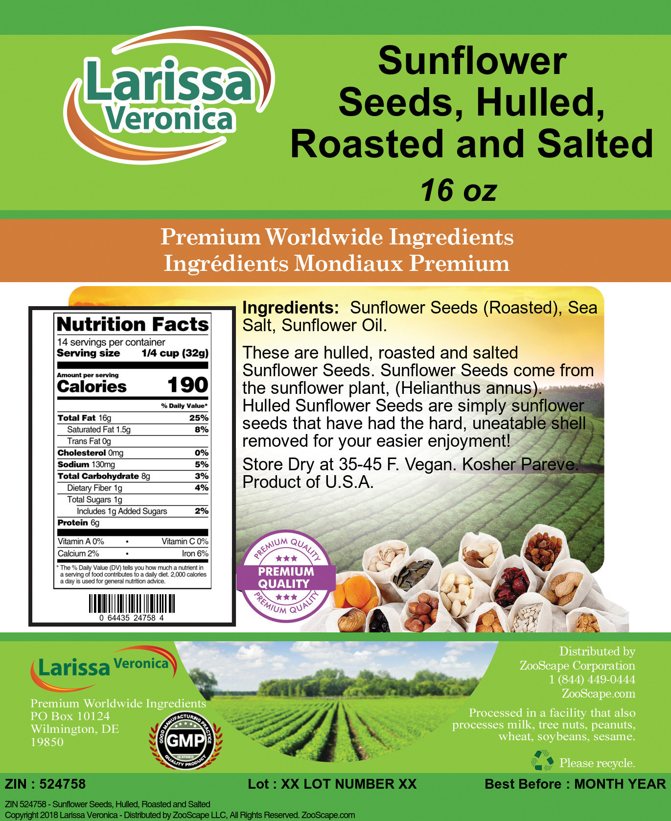 Sunflower Seeds, Hulled, Roasted and Salted - Label