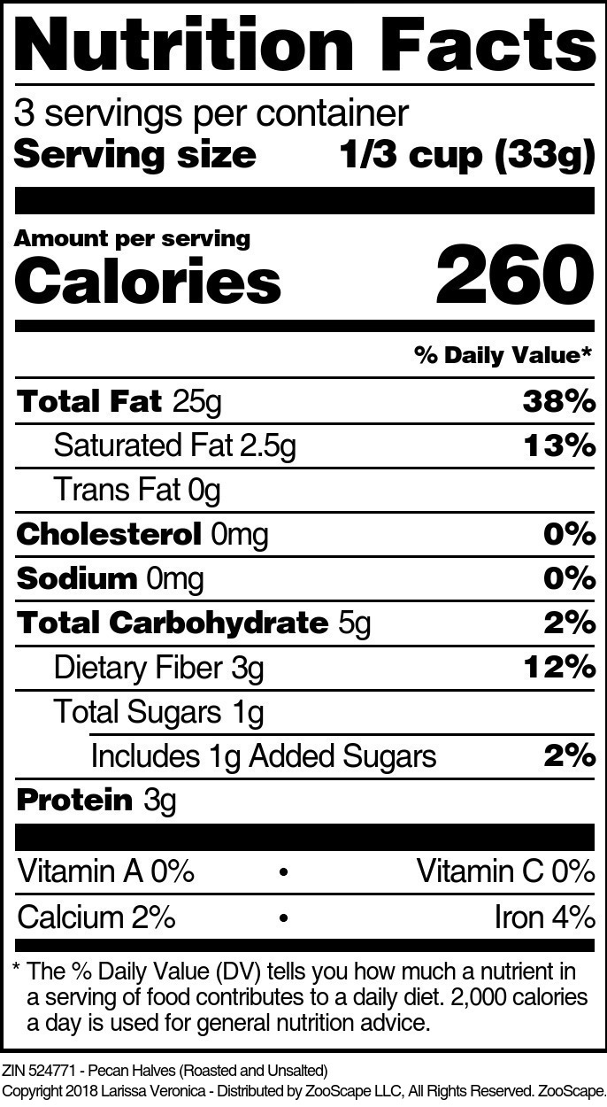 Pecan Halves (Roasted and Unsalted) - Supplement / Nutrition Facts