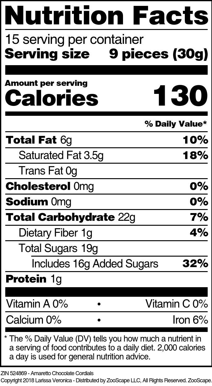 Amaretto Chocolate Cordials - Supplement / Nutrition Facts