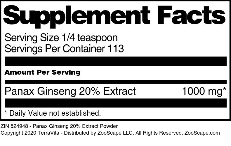 Panax Ginseng 20% Extract Powder - Supplement / Nutrition Facts