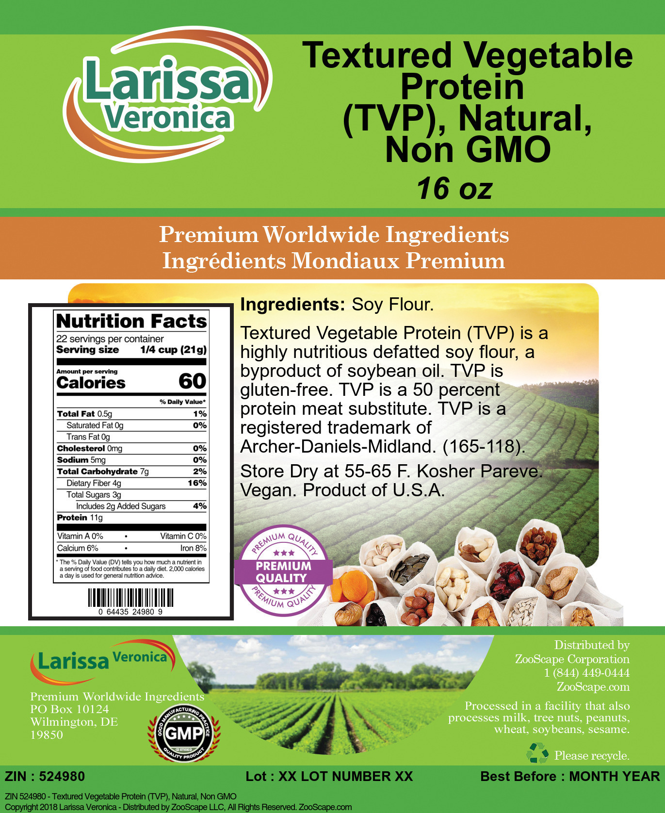 Textured Vegetable Protein (TVP), Natural, Non GMO - Label