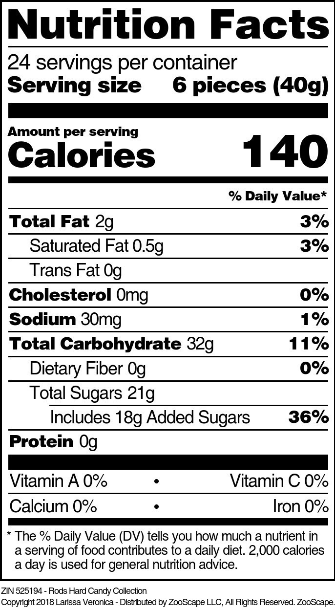 Rods Hard Candy Collection - Supplement / Nutrition Facts