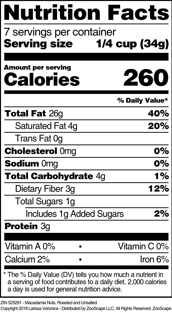 Macadamia Nuts, Roasted and Unsalted - Supplement / Nutrition Facts