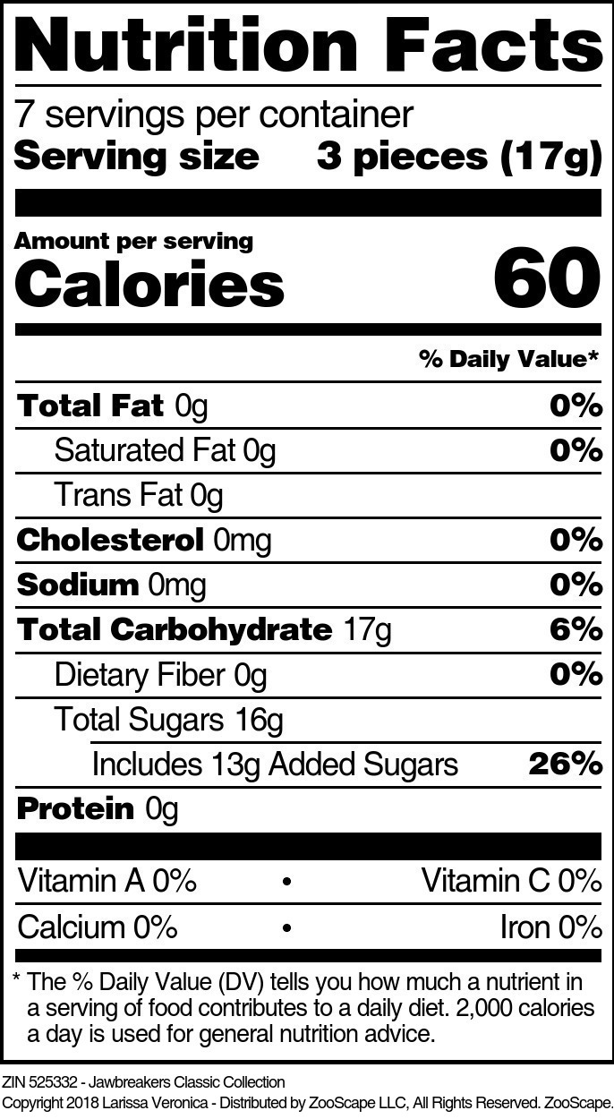 Jawbreakers Classic Collection - Supplement / Nutrition Facts