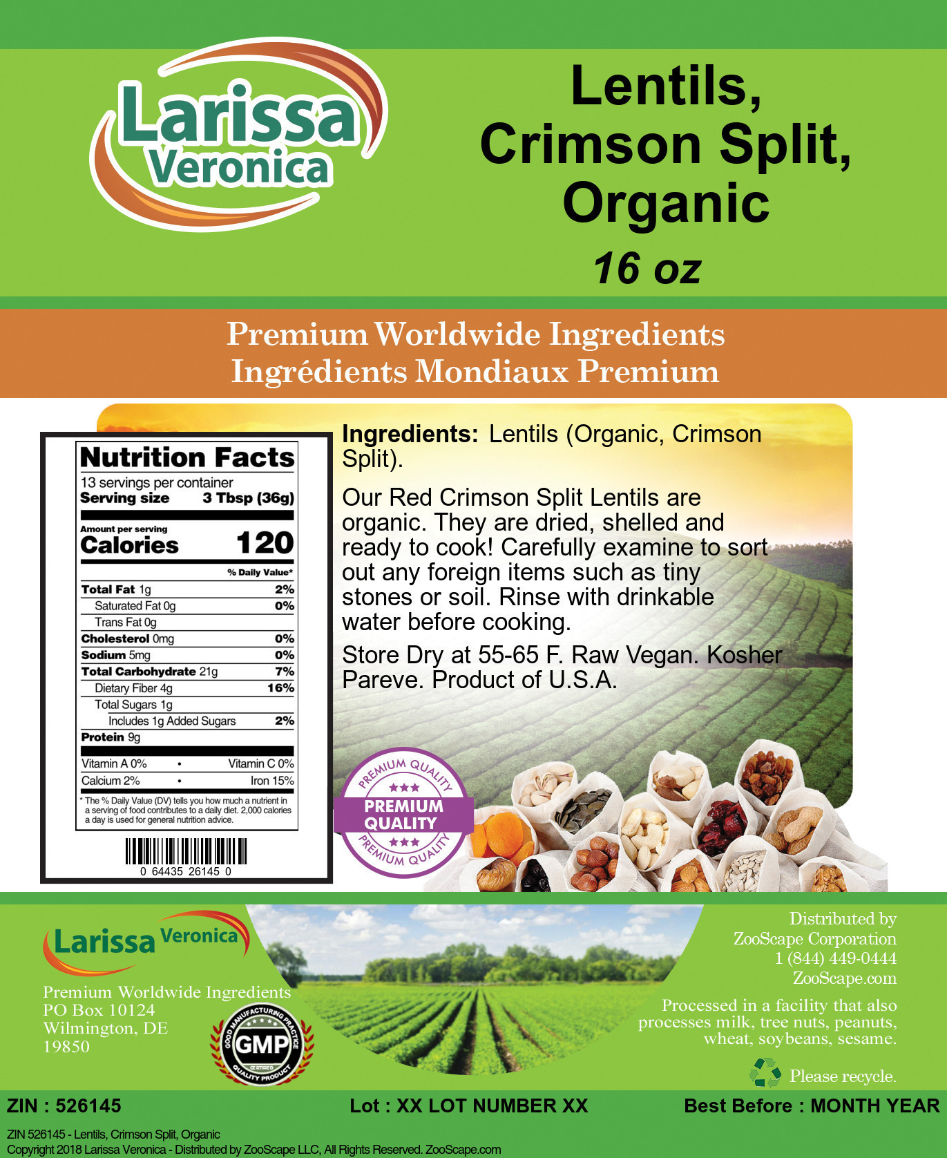 Lentils, Crimson Split, Organic - Label