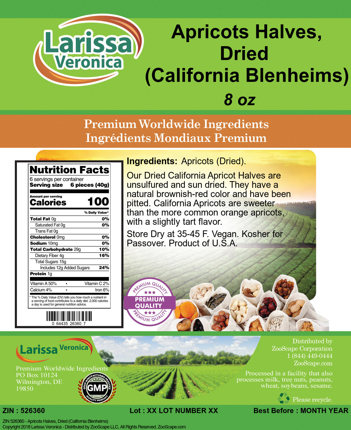 Apricots Halves, Dried (California Blenheims) - Label