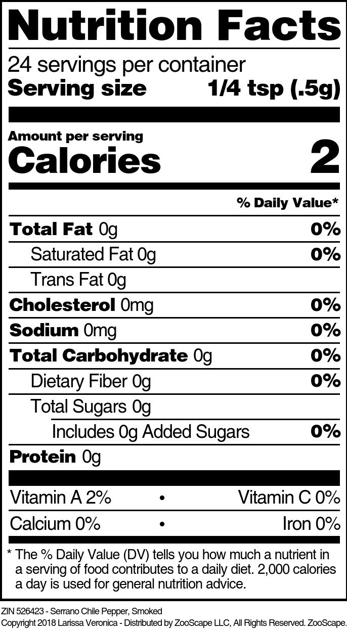 Serrano Chile Pepper, Smoked - Supplement / Nutrition Facts