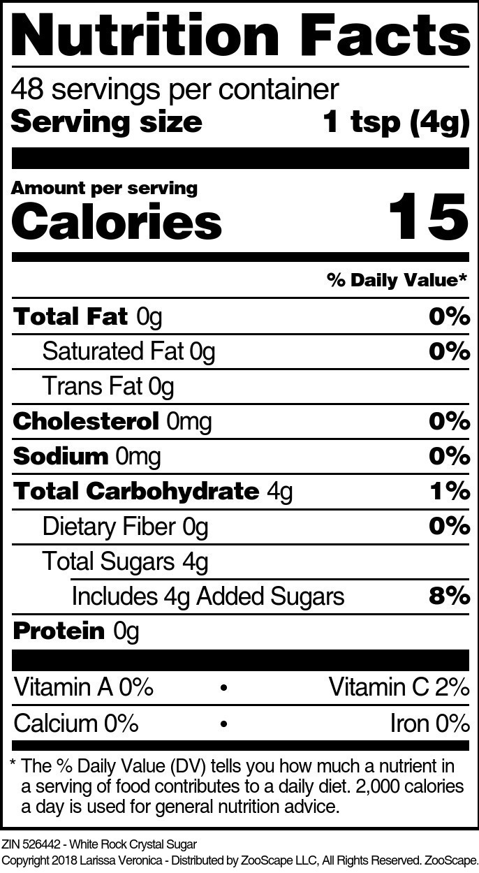 White Rock Crystal Sugar - Supplement / Nutrition Facts