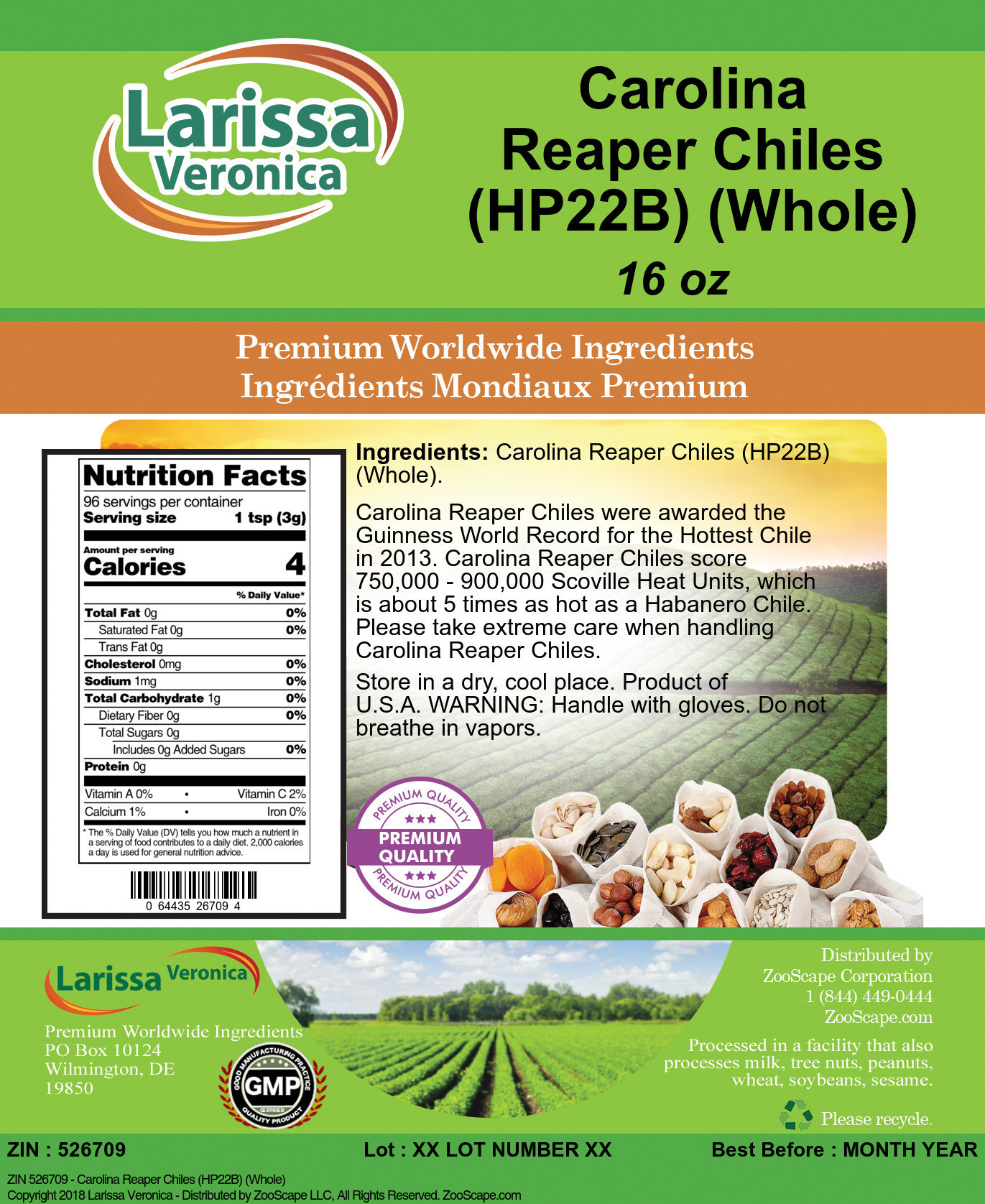Carolina Reaper Chiles (HP22B) (Whole) - Label