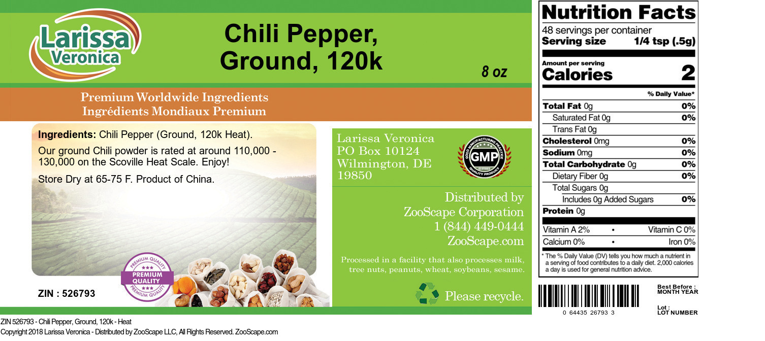 Chili Pepper, Ground, 120k - Heat - Label