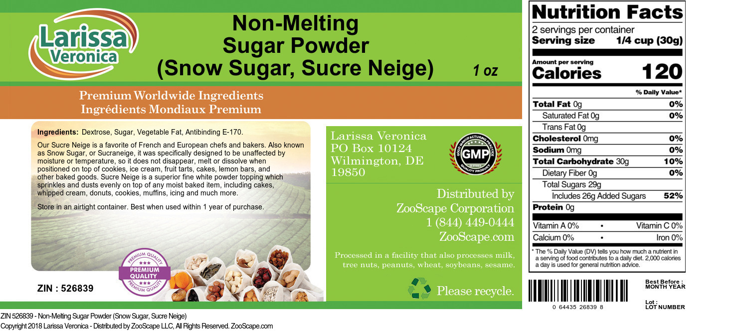 Non-Melting Sugar Powder (Snow Sugar, Sucre Neige) - Label