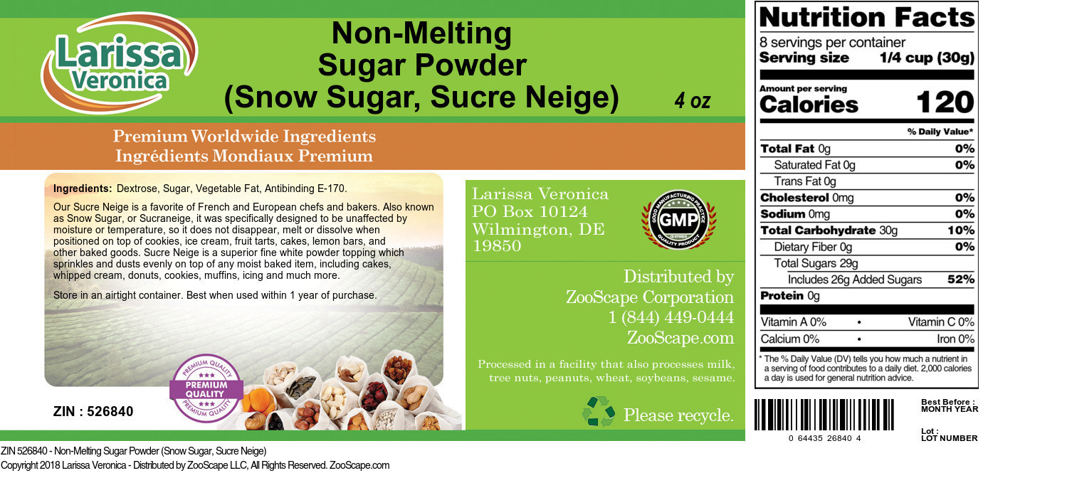 Non-Melting Sugar Powder (Snow Sugar, Sucre Neige) - Label