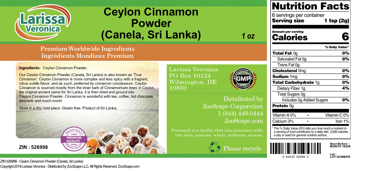 Ceylon Cinnamon Powder (Canela, Sri Lanka) - Label