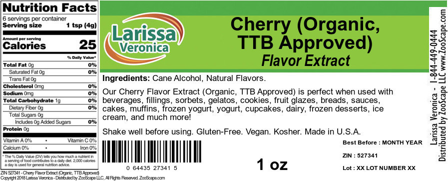 Cherry Flavor Extract (Organic, TTB Approved) - Label