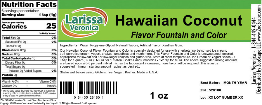 Hawaiian Coconut Flavor Fountain and Color - Label