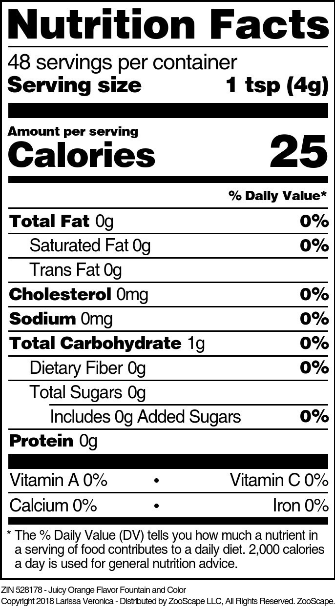 Juicy Orange Flavor Fountain and Color - Supplement / Nutrition Facts