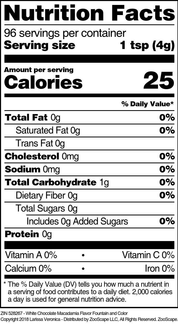 White Chocolate Macadamia Flavor Fountain and Color - Supplement / Nutrition Facts