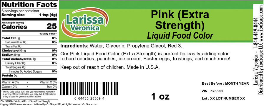 Pink Liquid Food Color (Extra Strength) - Label