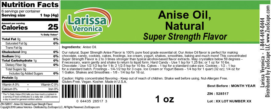 Anise Oil, Natural Super Strength Flavor - Label