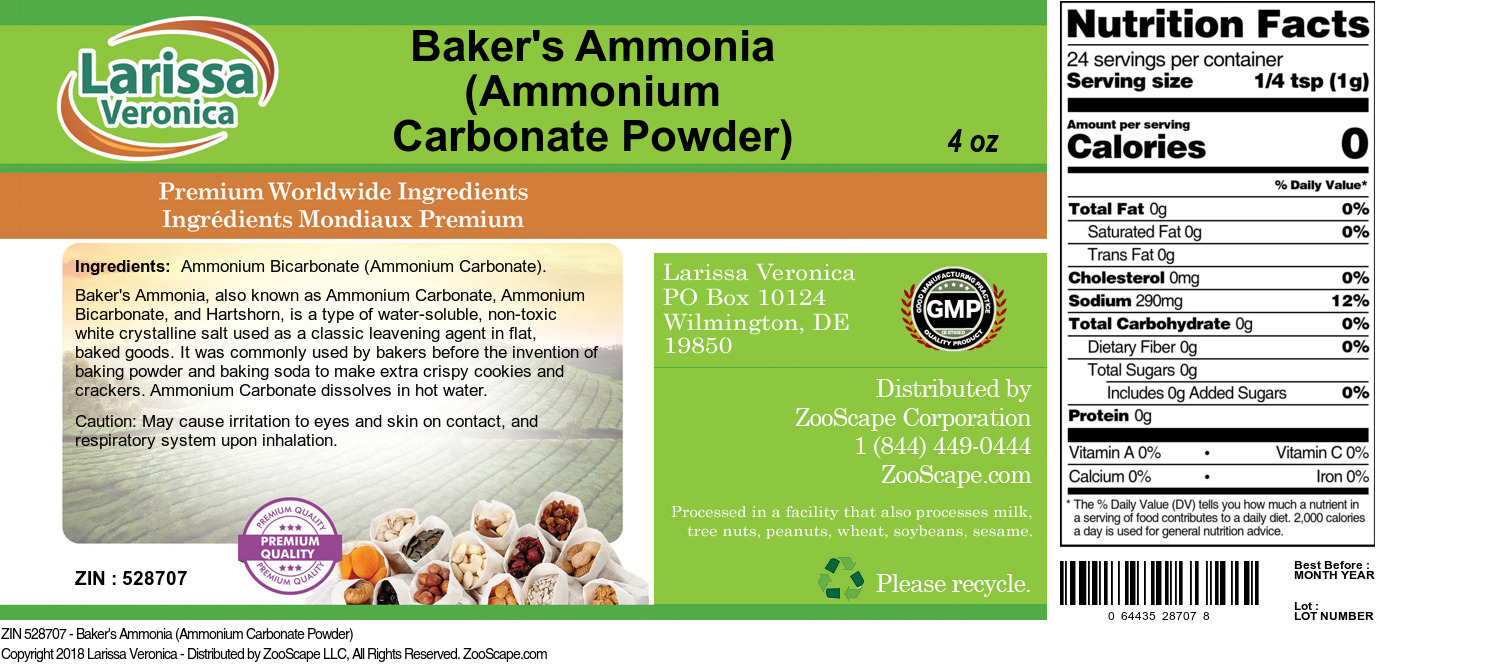 Baker's Ammonia (Ammonium Carbonate Powder) - Label