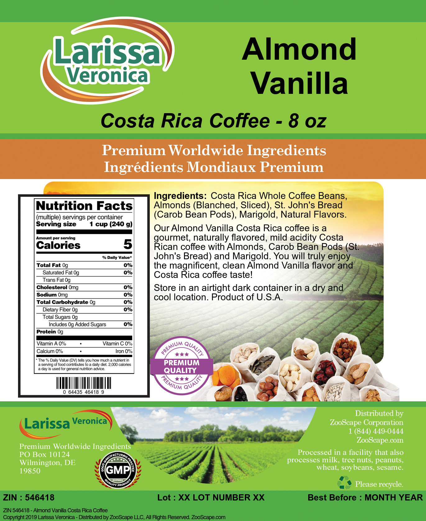 Almond Vanilla Costa Rica Coffee - Label