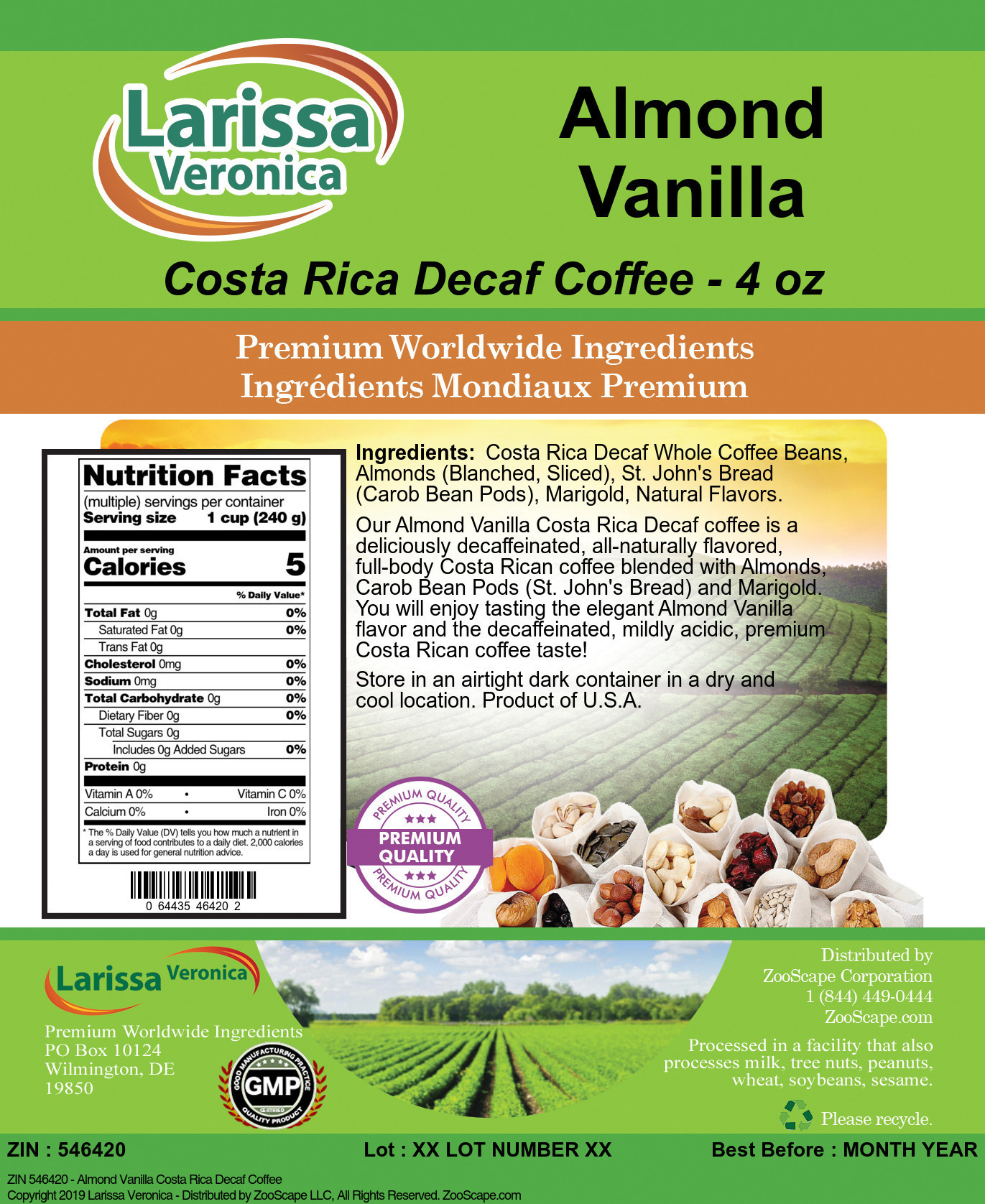 Almond Vanilla Costa Rica Decaf Coffee - Label