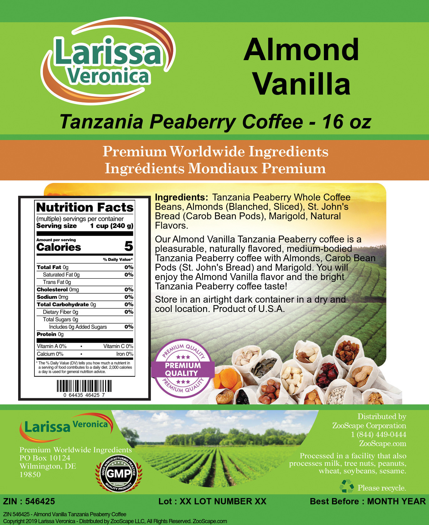 Almond Vanilla Tanzania Peaberry Coffee - Label