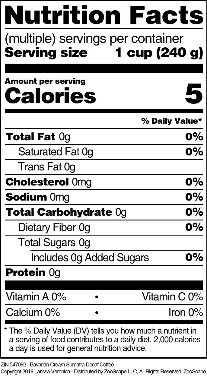 Bavarian Cream Sumatra Decaf Coffee - Supplement / Nutrition Facts