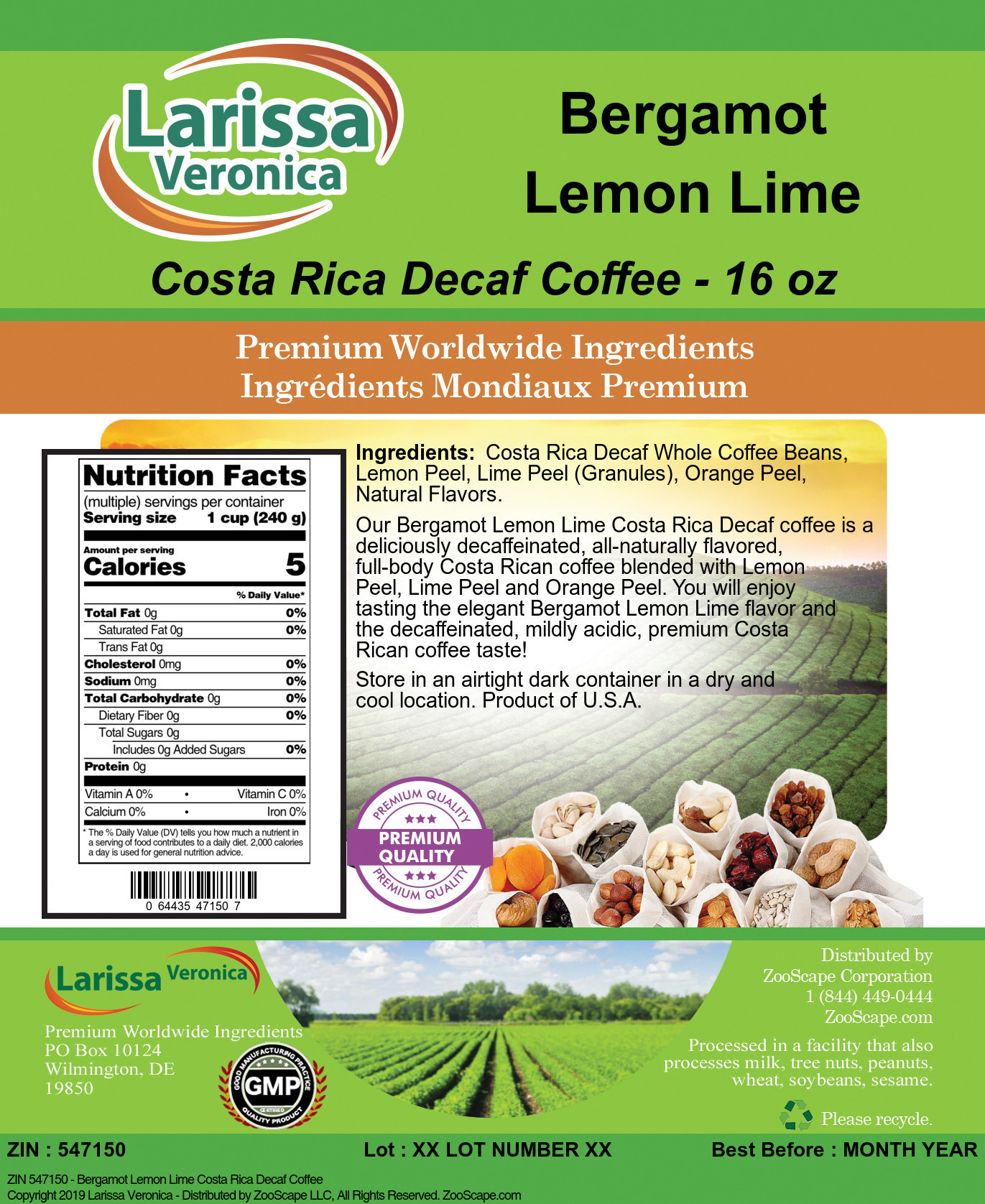 Bergamot Lemon Lime Costa Rica Decaf Coffee - Label