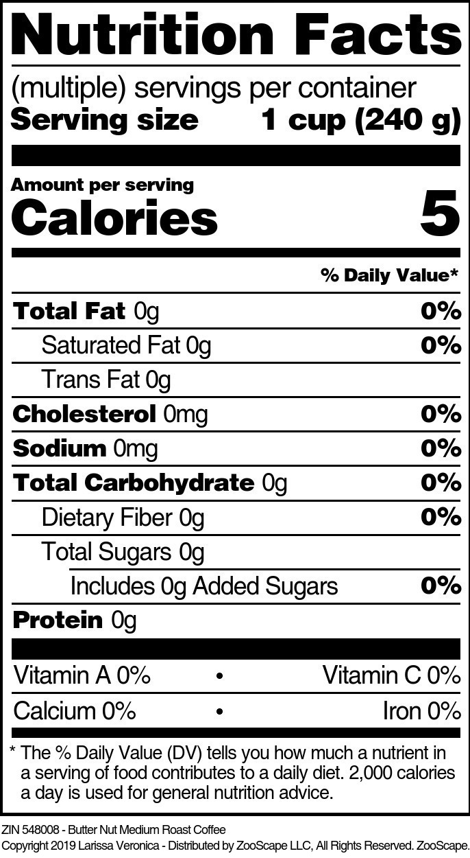 Butter Nut Medium Roast Coffee - Supplement / Nutrition Facts