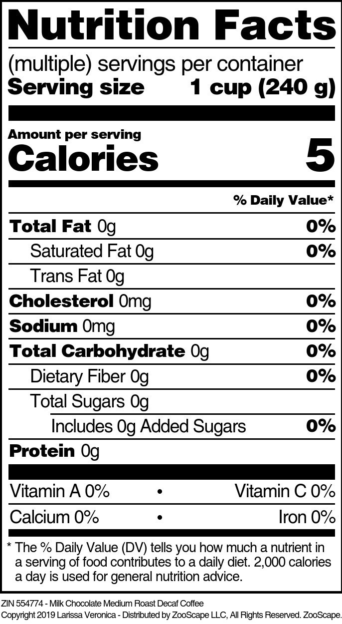 Milk Chocolate Medium Roast Decaf Coffee - Supplement / Nutrition Facts