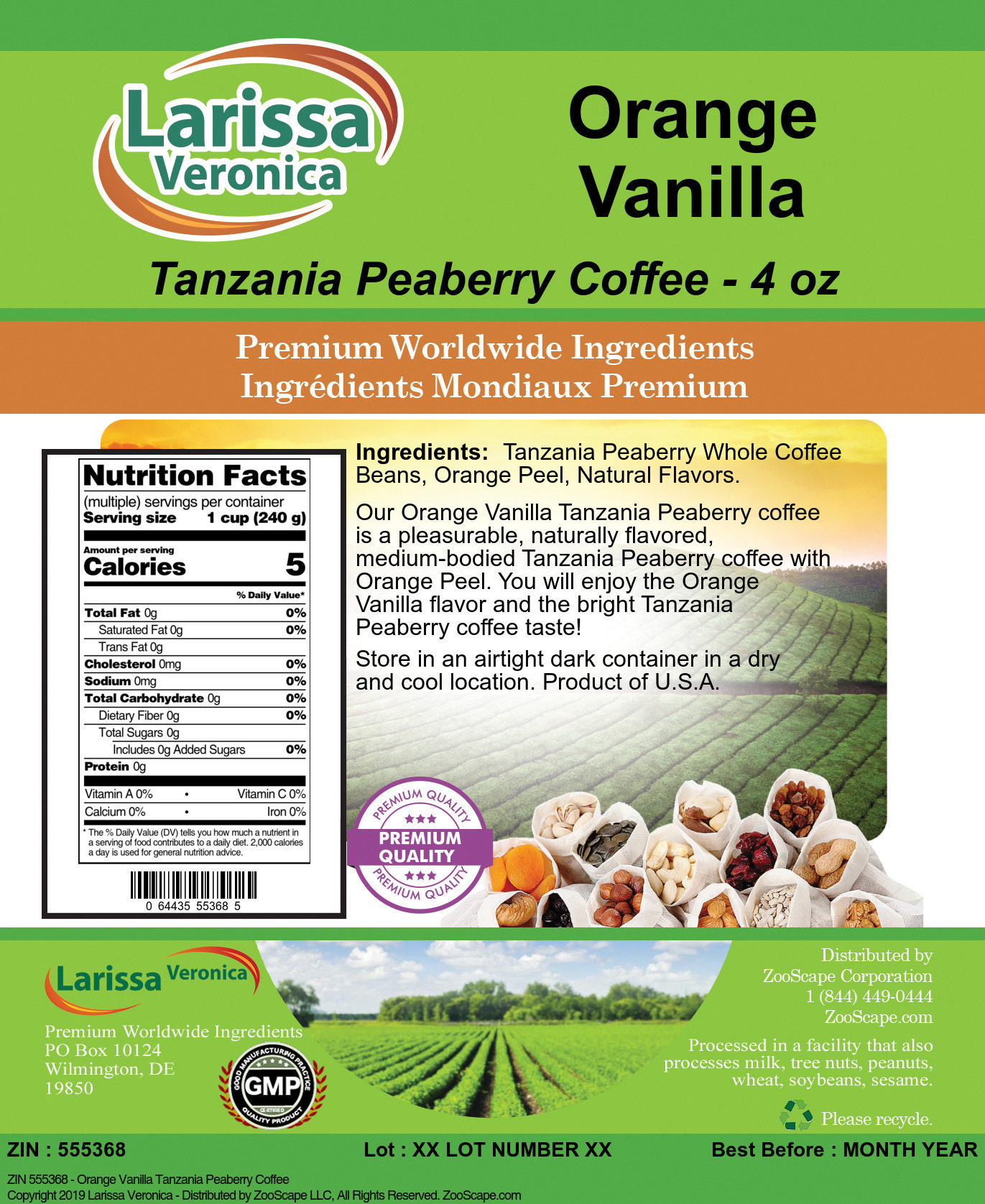 Orange Vanilla Tanzania Peaberry Coffee - Label