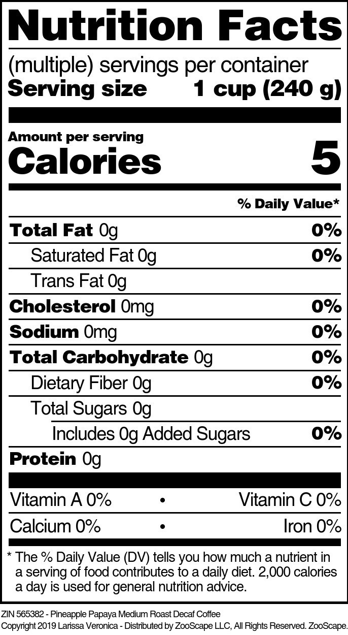 Pineapple Papaya Medium Roast Decaf Coffee - Supplement / Nutrition Facts