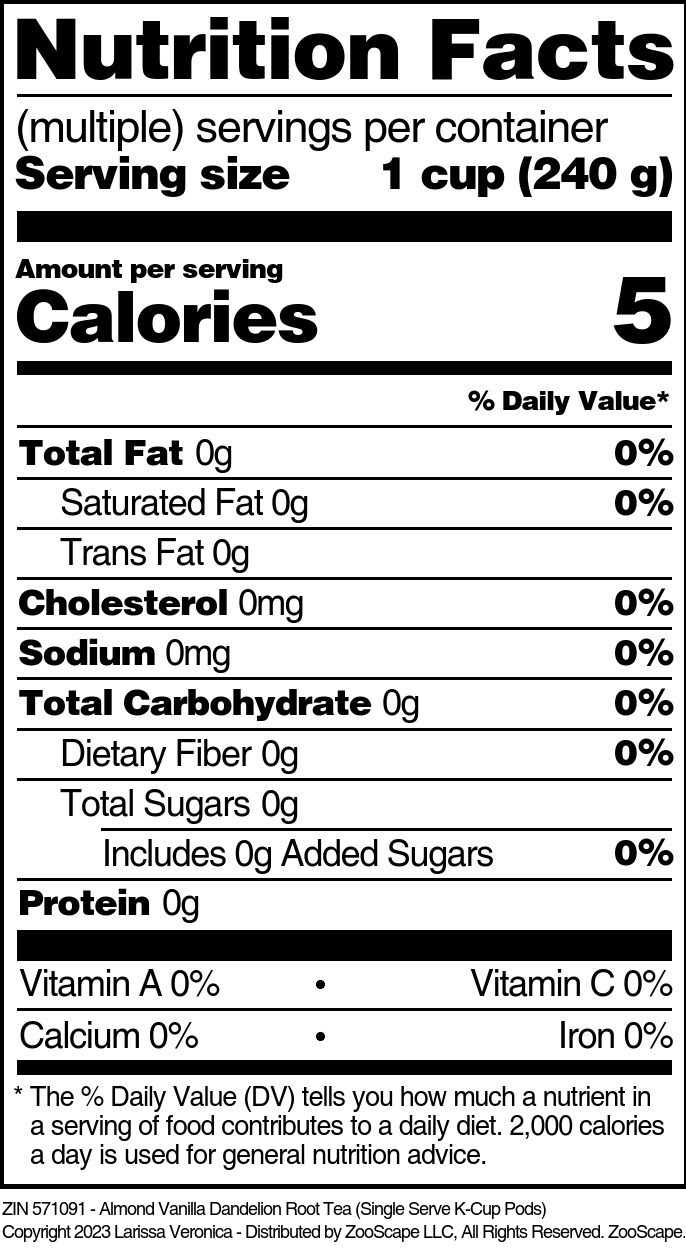Almond Vanilla Dandelion Root Tea <BR>(Single Serve K-Cup Pods) - Supplement / Nutrition Facts