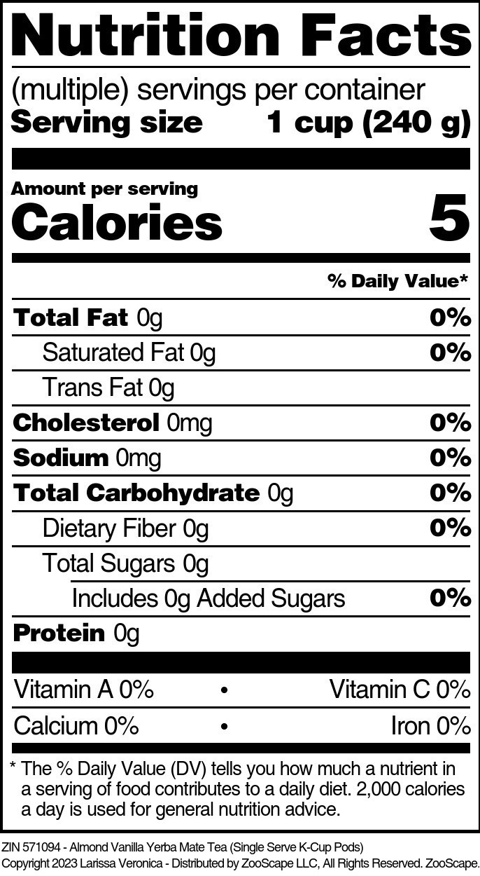 Almond Vanilla Yerba Mate Tea <BR>(Single Serve K-Cup Pods) - Supplement / Nutrition Facts