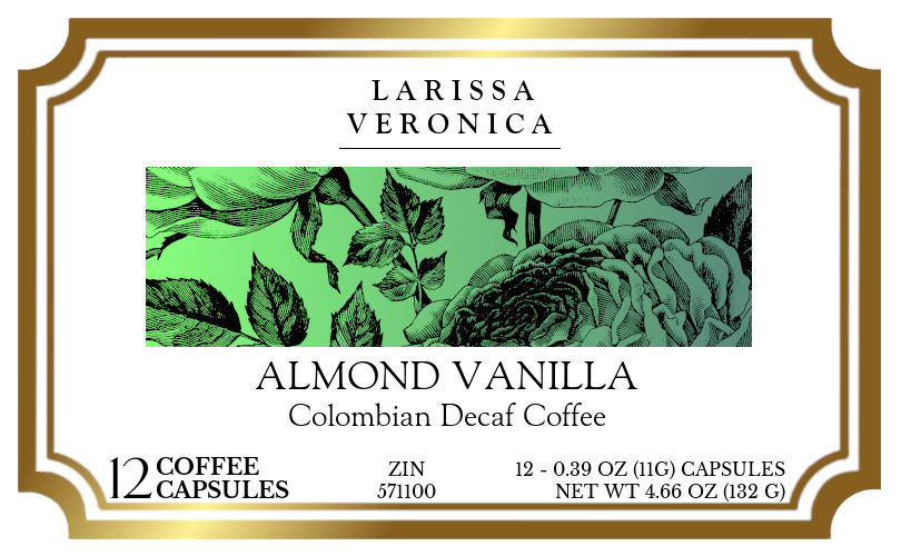 Almond Vanilla Colombian Decaf Coffee <BR>(Single Serve K-Cup Pods) - Label