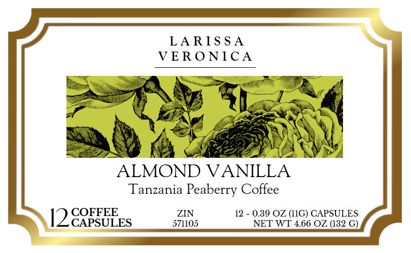 Almond Vanilla Tanzania Peaberry Coffee <BR>(Single Serve K-Cup Pods) - Label