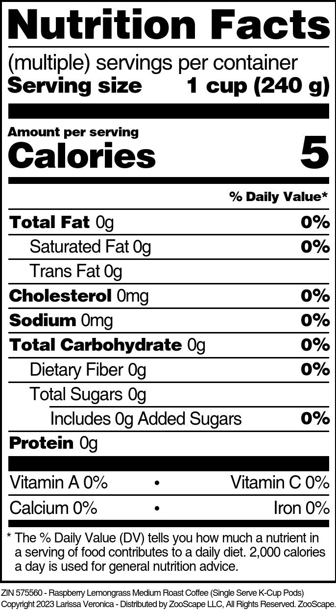 Raspberry Lemongrass Medium Roast Coffee <BR>(Single Serve K-Cup Pods) - Supplement / Nutrition Facts