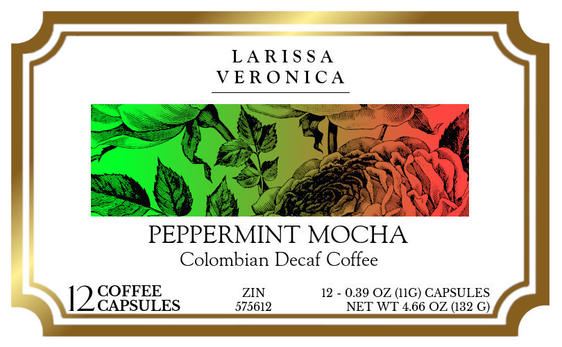 Peppermint Mocha Colombian Decaf Coffee <BR>(Single Serve K-Cup Pods) - Label